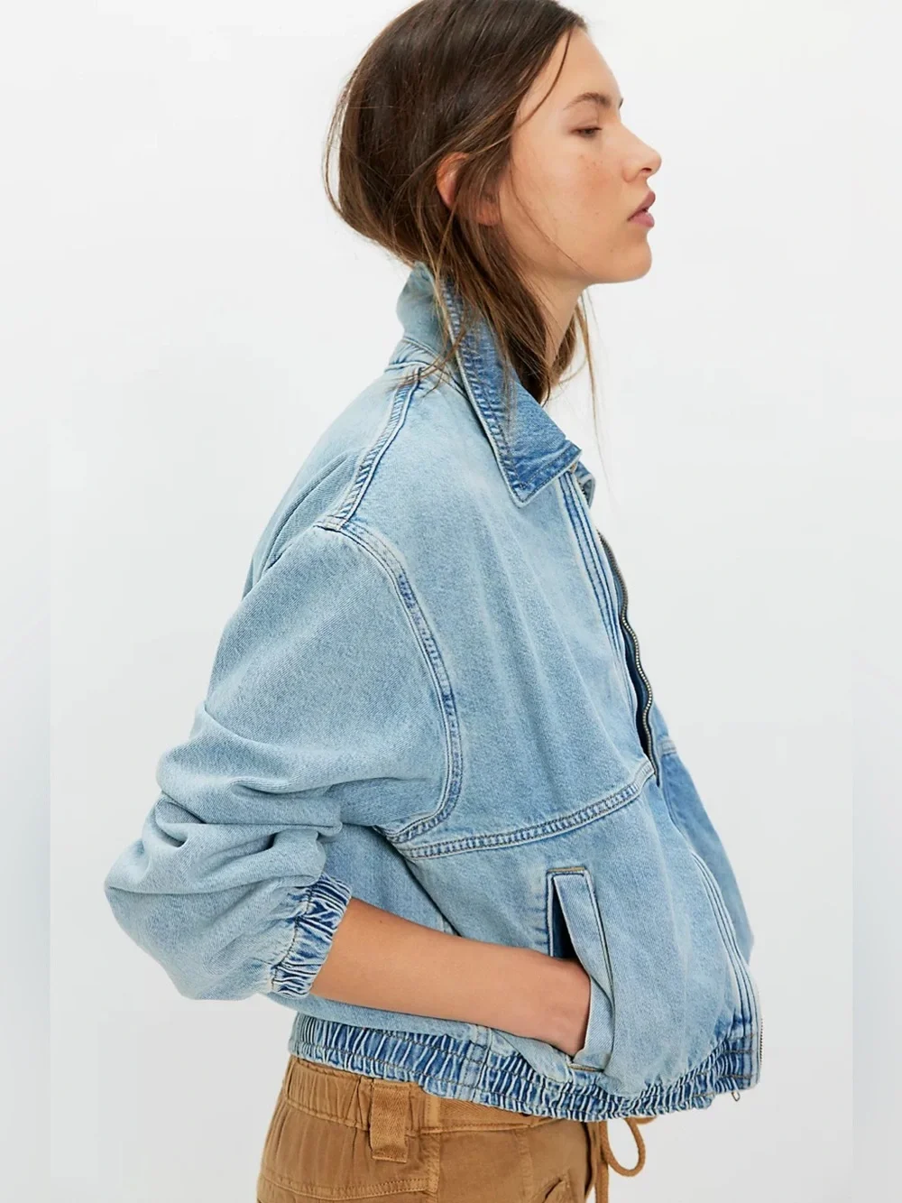 Free People We The Free Birdie Denim Bomber Jacket Light Wash Medium